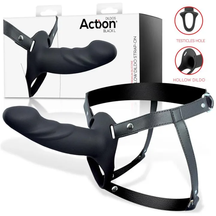 Arnés Strap-on con Dildo Hueco Silicona Premium Talla L Negro de Action