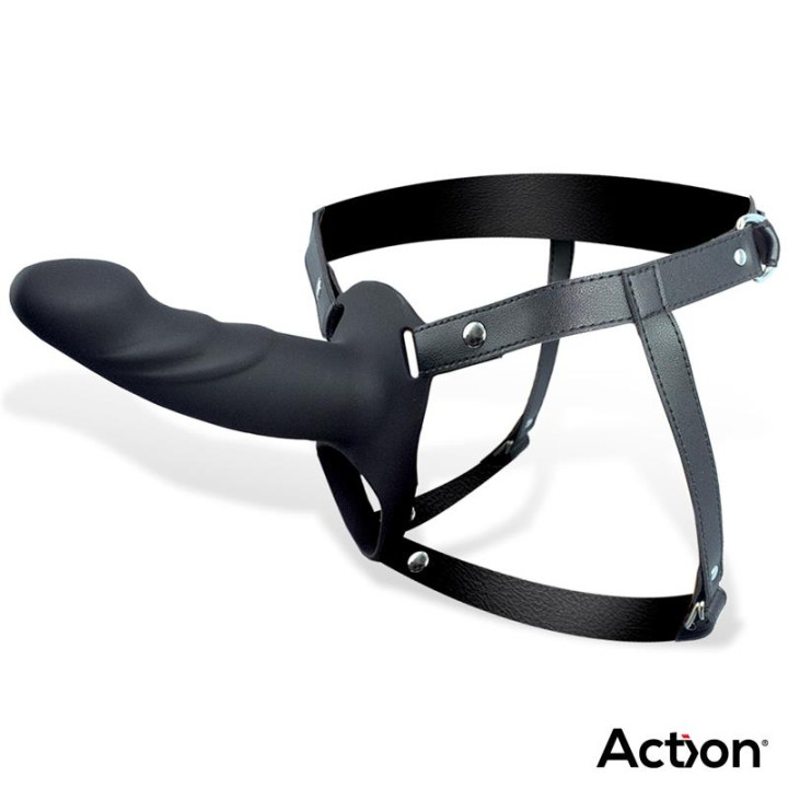 Arnés Strap-on con Dildo Hueco Silicona Premium Talla L Negro de Action | VibraZon
