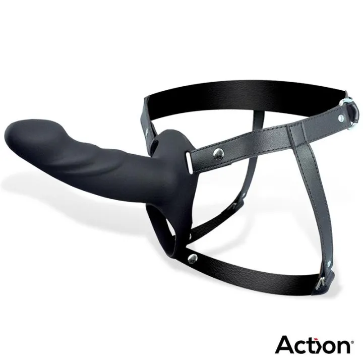 Arnés Strap-on con Dildo Hueco Silicona Premium Talla L Negro de Action