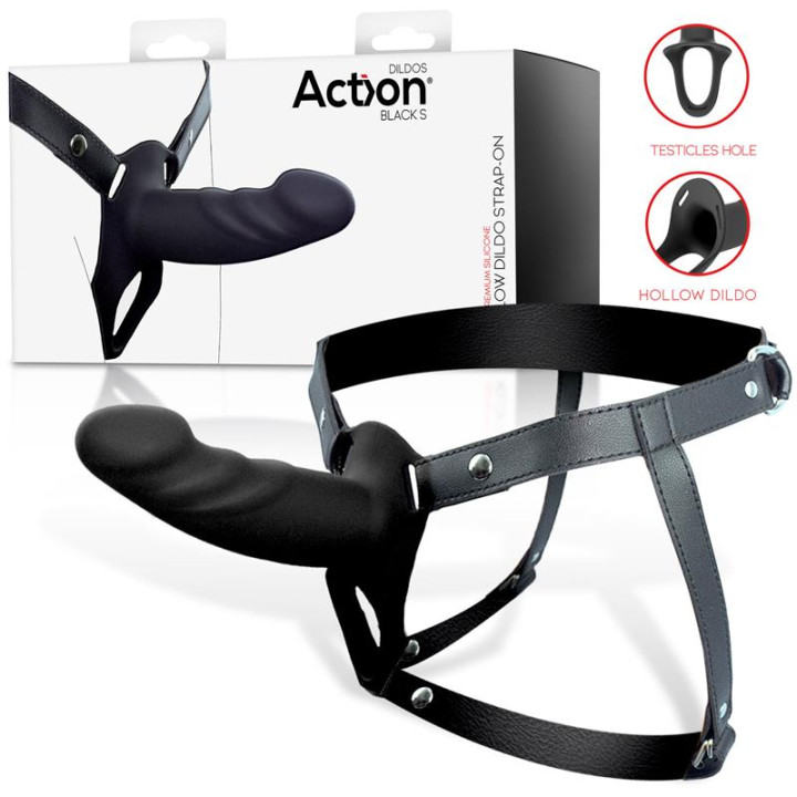 Arnés Strap-On con Dildo Hueco Silicona Premium Talla S Negro de Action | VibraZon