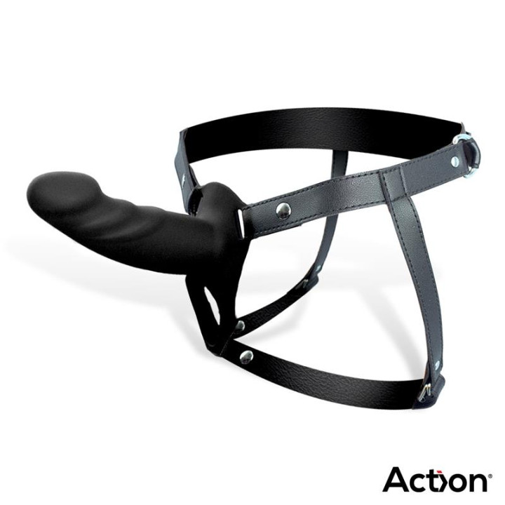 Arnés Strap-On con Dildo Hueco Silicona Premium Talla S Negro de Action | VibraZon