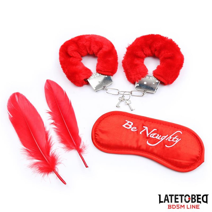 Set de 3 Piezas Antifaz, Plumas y Esposas de Latetobed Bdsm Line | VibraZon