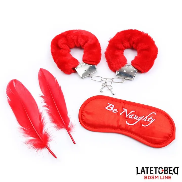 Set de 3 Piezas Antifaz, Plumas y Esposas de Latetobed Bdsm Line