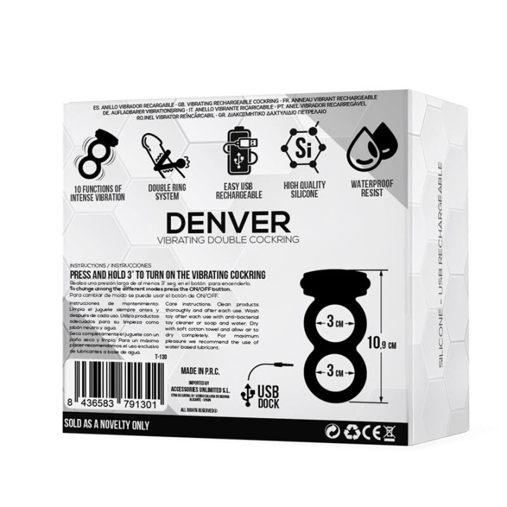 Denver Anillo Doble con Bala Vibradora USB Silicona Negro de Tardenoche | VibraZon