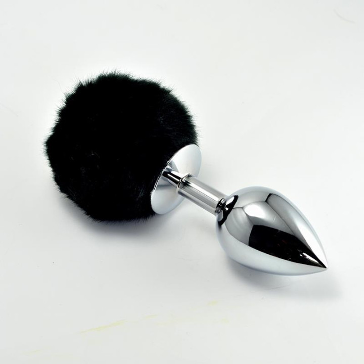 Plug Anal de Metal con Pompon Negro Talla L de Lovetoy | VibraZon