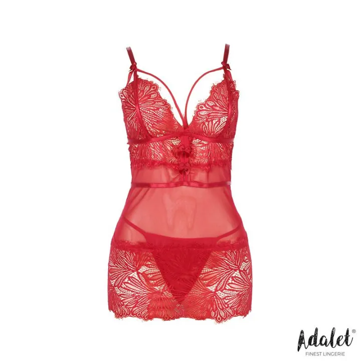 Zoe Babydoll Espalda Abierta y Tanga Rojo de Adalet Lingerie