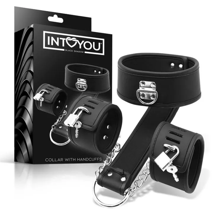 Set de Collar con Esposas y para Muñecas Cuero Vegano de Intoyou Black Shadow