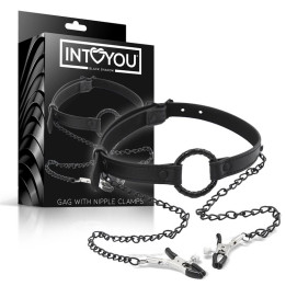 Mordaza de Aro y Pinzas para Pezones Cuero Vegano de Intoyou Black Shadow | VibraZon