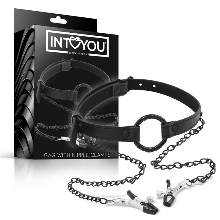 Mordaza de Aro y Pinzas para Pezones Cuero Vegano de Intoyou Black Shadow | VibraZon