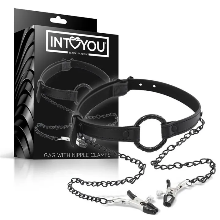 Mordaza de Aro y Pinzas para Pezones Cuero Vegano de Intoyou Black Shadow