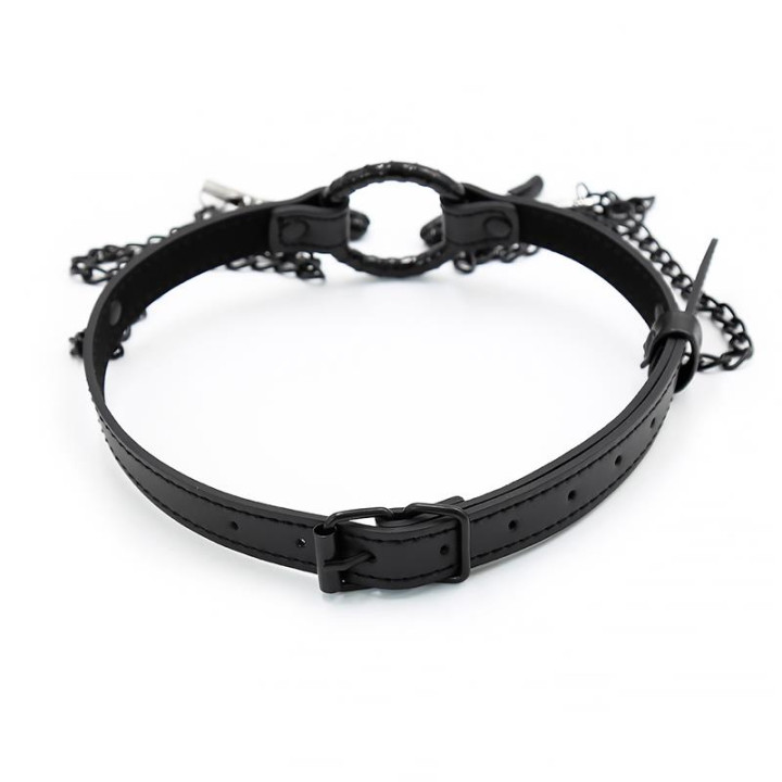Mordaza de Aro y Pinzas para Pezones Cuero Vegano de Intoyou Black Shadow | VibraZon