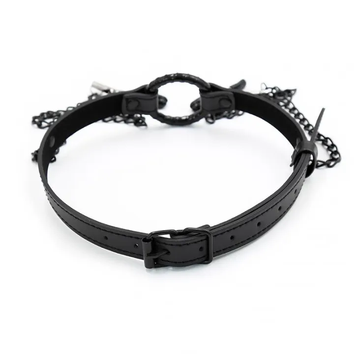 Mordaza de Aro y Pinzas para Pezones Cuero Vegano de Intoyou Black Shadow