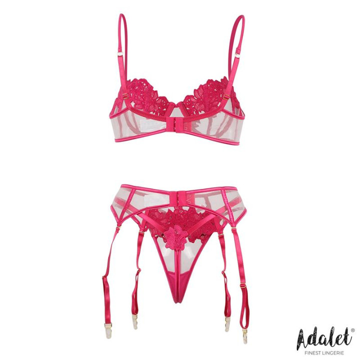Nora Set Sujetador, Tanga y Liguero con Flores Fuchsia de Adalet Lingerie | VibraZon