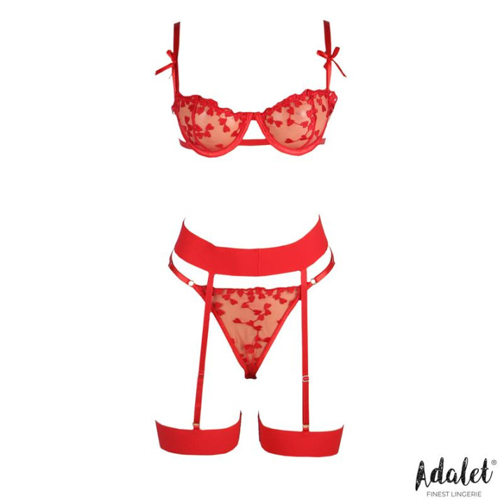 Yvonne Set Sujetador, Tanga y Liguero con Corazones Rojo de Adalet Lingerie | VibraZon