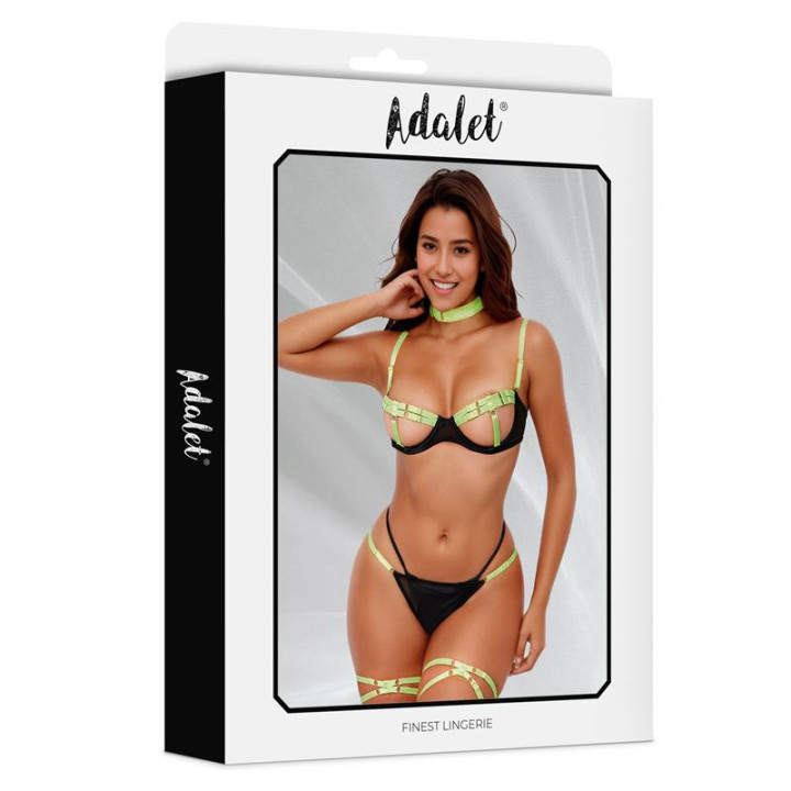 Maya Set Sujetador, Tanga, Ligas y Choker Amarillo y Negro de Adalet Lingerie | VibraZon