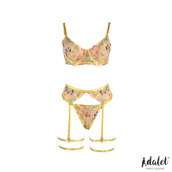 Zoey Set Sujetador, Tanga, Liguero y Ligas Amarillo Floral de Adalet Lingerie | VibraZon