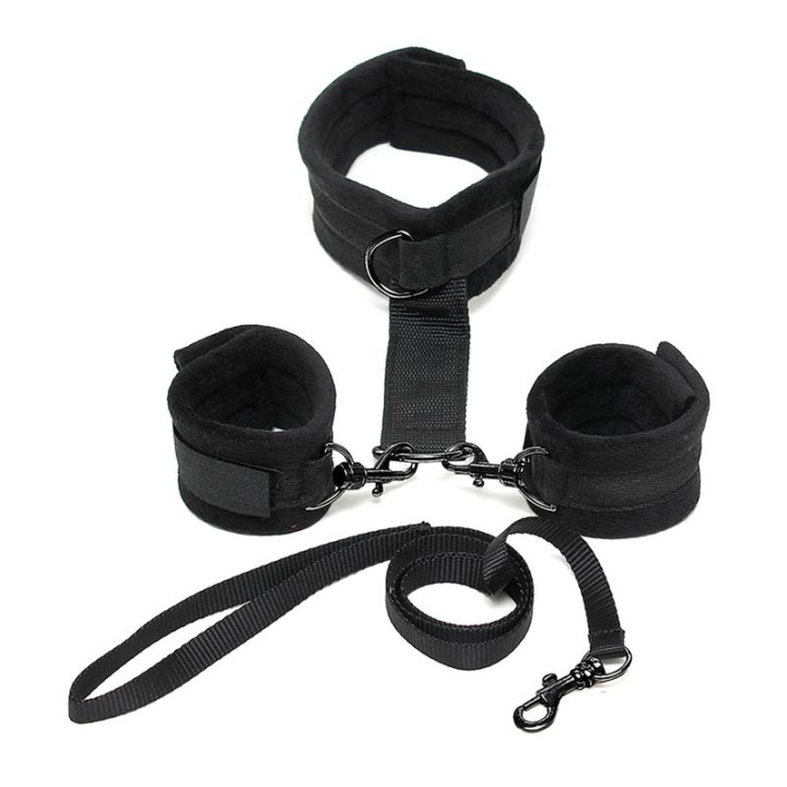 Collar y Esposas Desmontables Negro Ajustables de Bondage Play | VibraZon