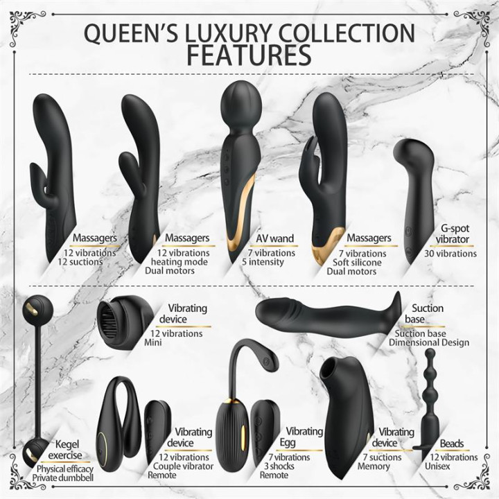 Luxury Set Queens 12 Juguetes Negro y Oro 18k de Prettylove | VibraZon
