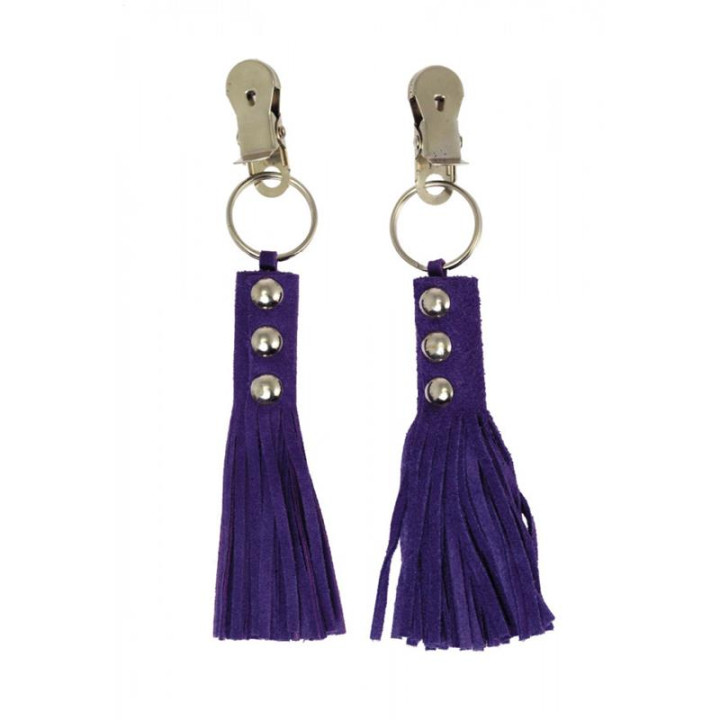 Pinzas para Pezones Cuero con Flecos Morado de Bondage Play | VibraZon