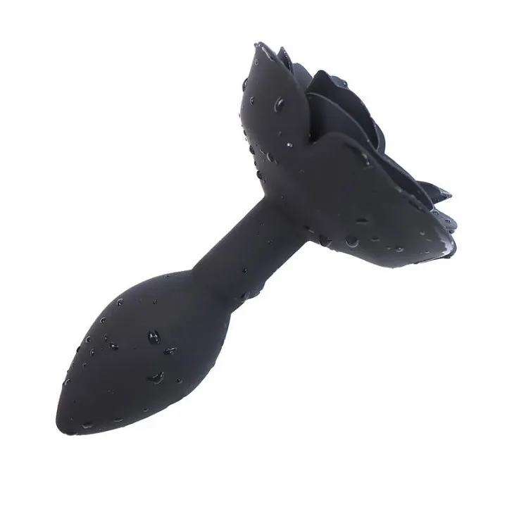 Plug Anal de Silicona con Rosa Negro de A-Gusto