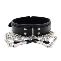 Collar con Pezoneras y Cadena de Metal Negro de Latetobed Bdsm Line | VibraZon