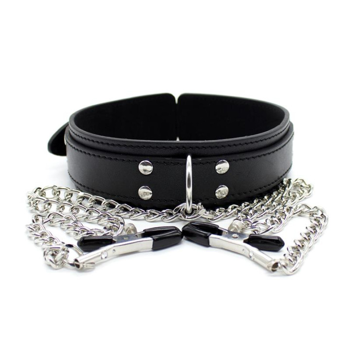 Collar con Pezoneras y Cadena de Metal Negro de Latetobed Bdsm Line | VibraZon