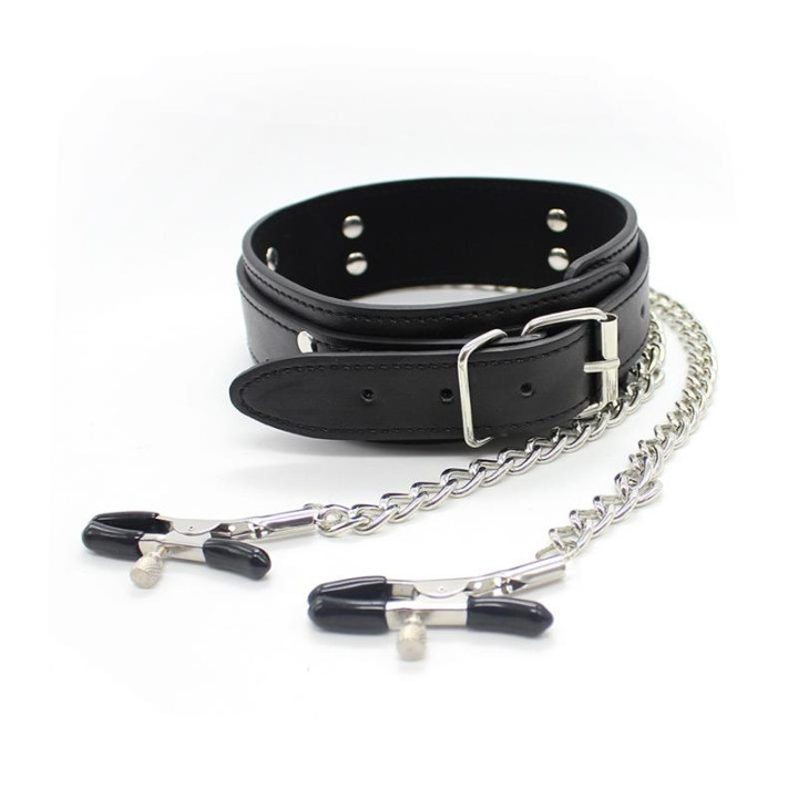 Collar con Pezoneras y Cadena de Metal Negro de Latetobed Bdsm Line | VibraZon