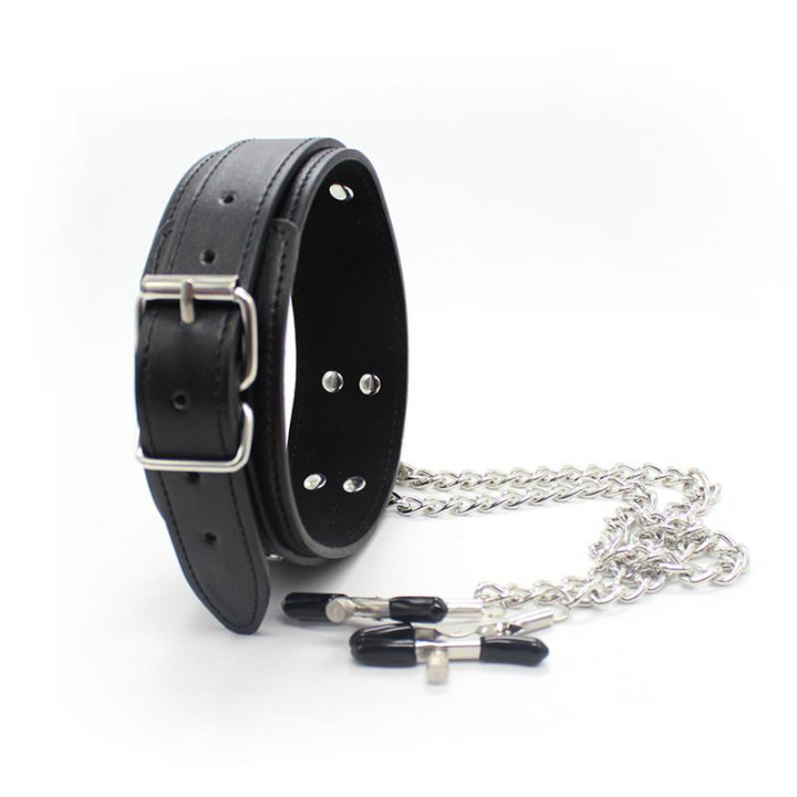 Collar con Pezoneras y Cadena de Metal Negro de Latetobed Bdsm Line | VibraZon