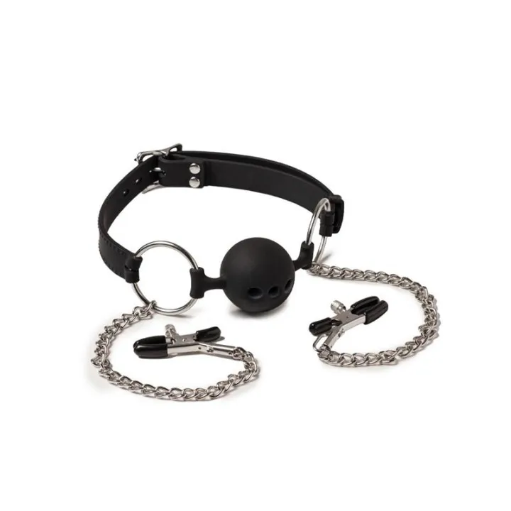 Mordaza Transpirable con Pinzas Pezones de Latex Play