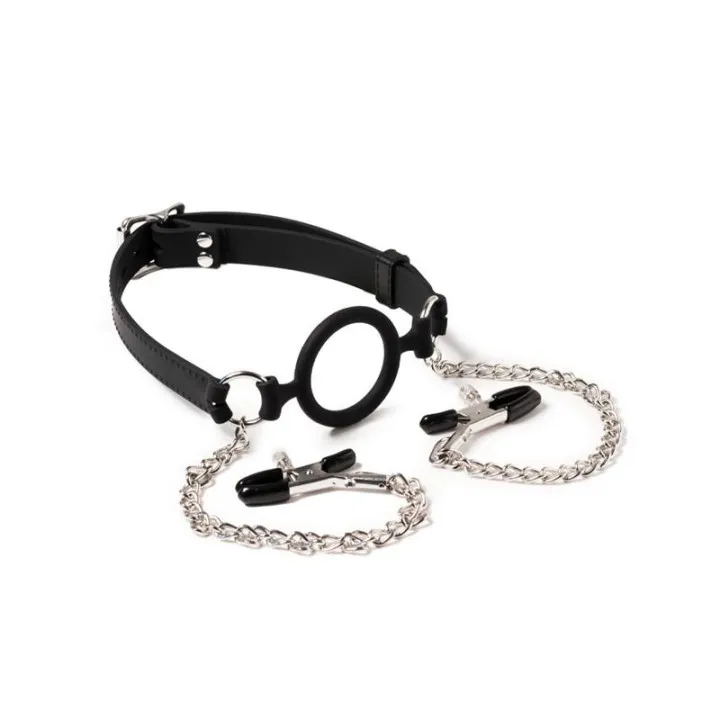 Mordaza de aro con Pinzas Pezones de Latex Play