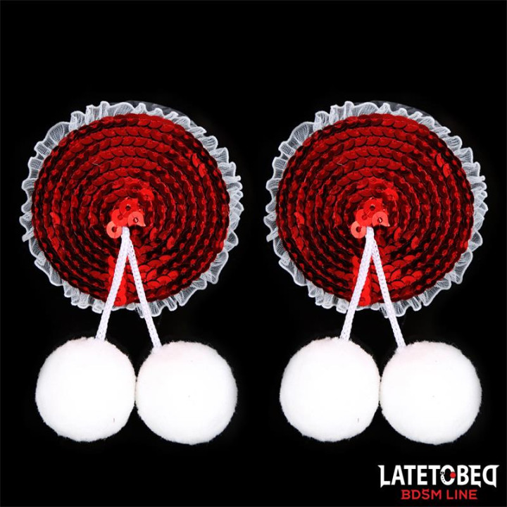 Pezoneras con Lentejuelas Rojas y Pompones Blancos de Latetobed Bdsm Line | VibraZon