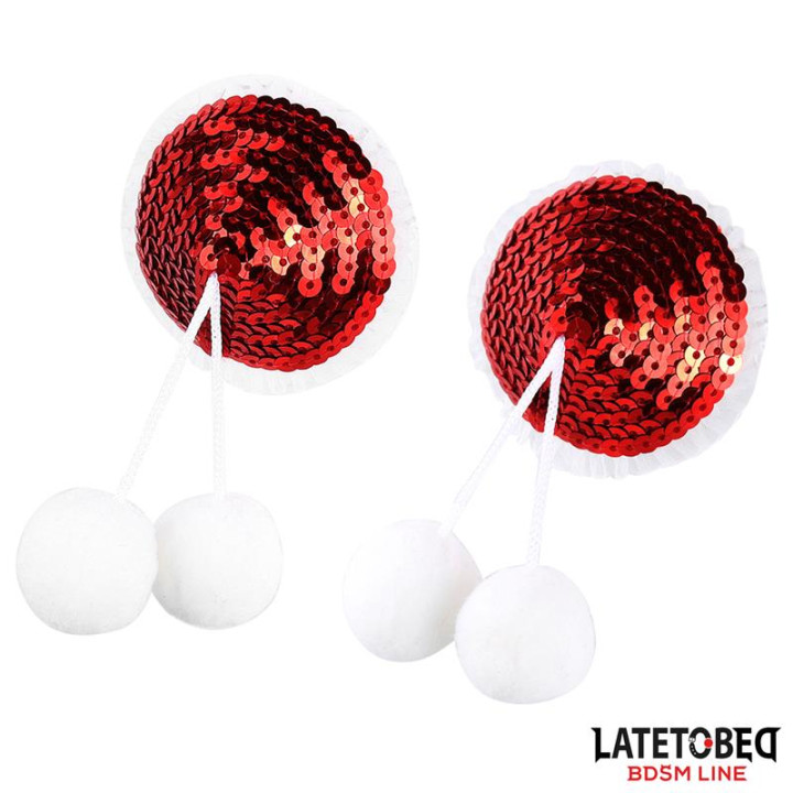 Pezoneras con Lentejuelas Rojas y Pompones Blancos de Latetobed Bdsm Line | VibraZon