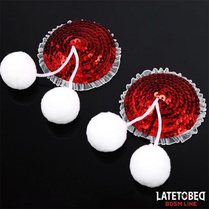 Pezoneras con Lentejuelas Rojas y Pompones Blancos de Latetobed Bdsm Line | VibraZon