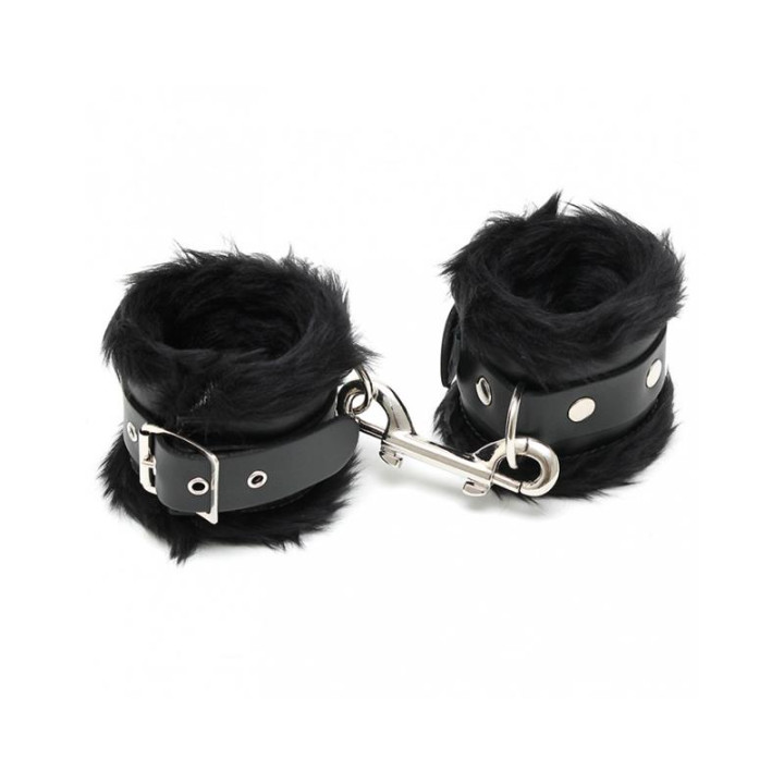 Esposas Cuero con Pelo Negro 7cm de Bondage Play | VibraZon