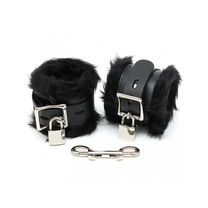 Esposas para Pies Cuero y Pelo Negro 7cm Candados de Bondage Play