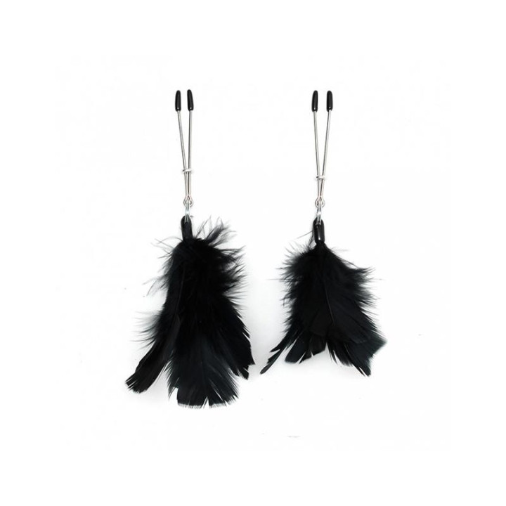 Pinzas para Pezones con Plumas Negras Ajustables de Bondage Play | VibraZon