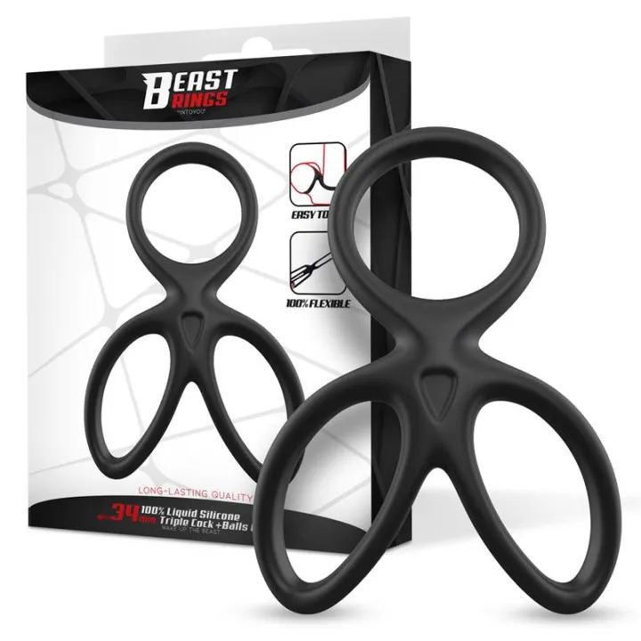 Anillo Triple Pene y Testículos Silicona Líquida Flexible de Beast Rings
