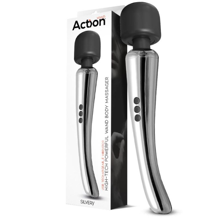 Silvery Wand Masajeador High-Tech Súper Potente Inalámbrico USB Color Cromo Silicona de Action | VibraZon