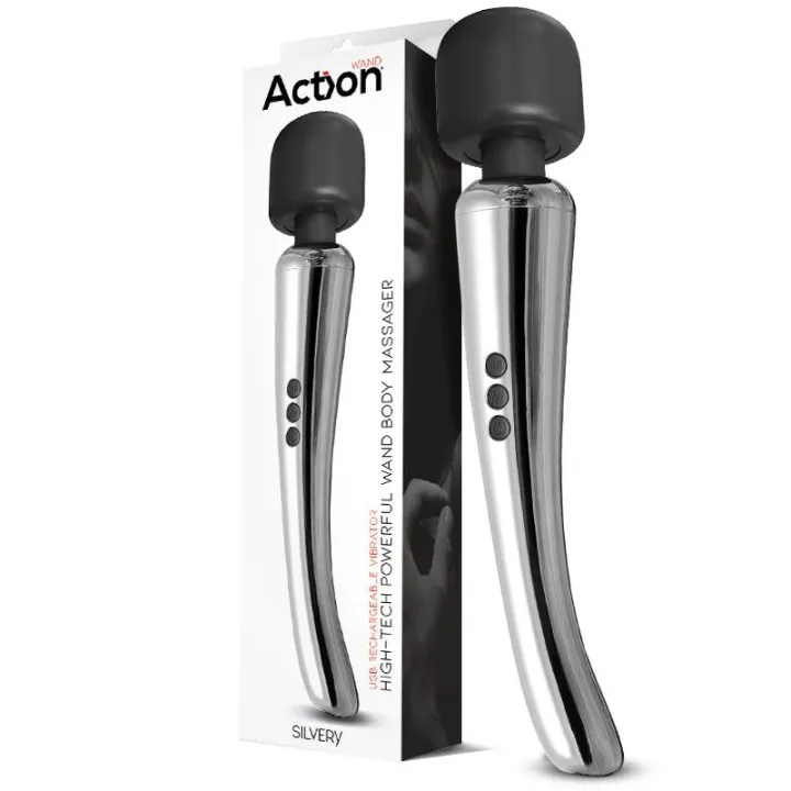 Silvery Wand Masajeador High-Tech Súper Potente Inalámbrico USB Color Cromo Silicona de Action