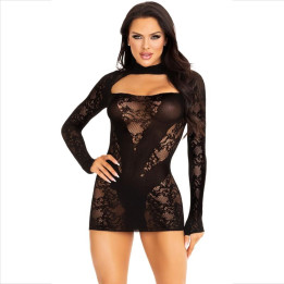 LEG AVENUE - MINI VESTIDO DE ENCAJE CON MANGA LARGA NEGRO | VibraZon