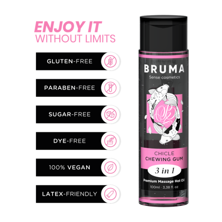BRUMA - ACEITE DE MASAJE PREMIUM EFECTO CALOR SABOR CHICLE 3 EN 1 - 100 ML | VibraZon