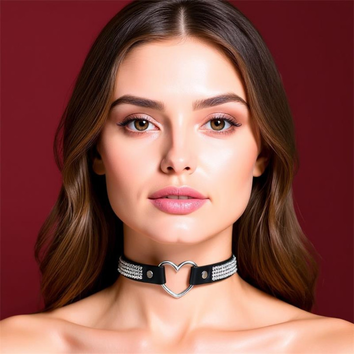 Collar con Corazón y Pedrería Estilo Choker Cuero Vegano Talla Única de Cinderella | VibraZon