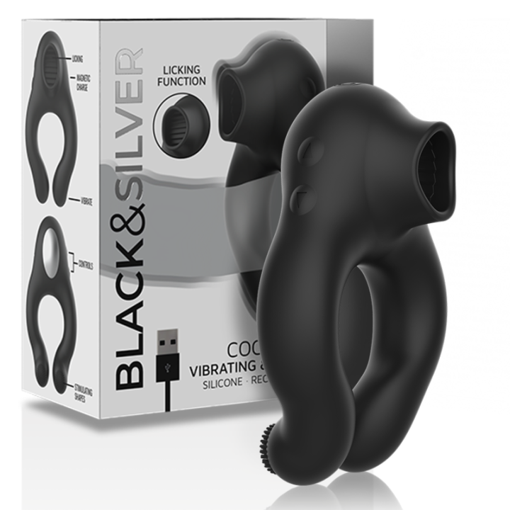NEGRO&PLATEADO - ANILLO VIBRADOR SILICONA 3 MOTORES RECARGABLE NEGRO | VibraZon