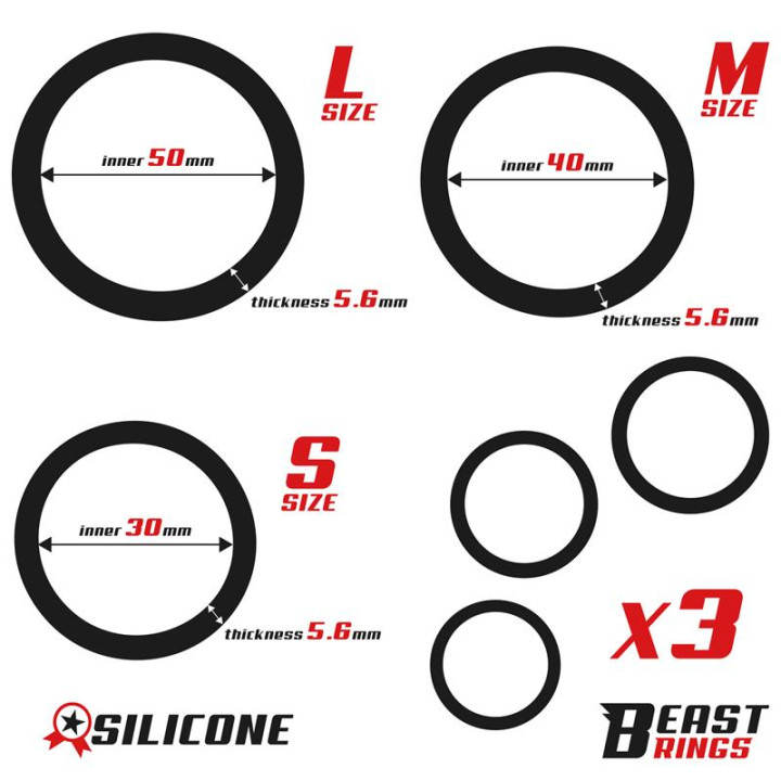 Set de 3 Anillos para el Pene Silicona S, M y L de Beast Rings | VibraZon