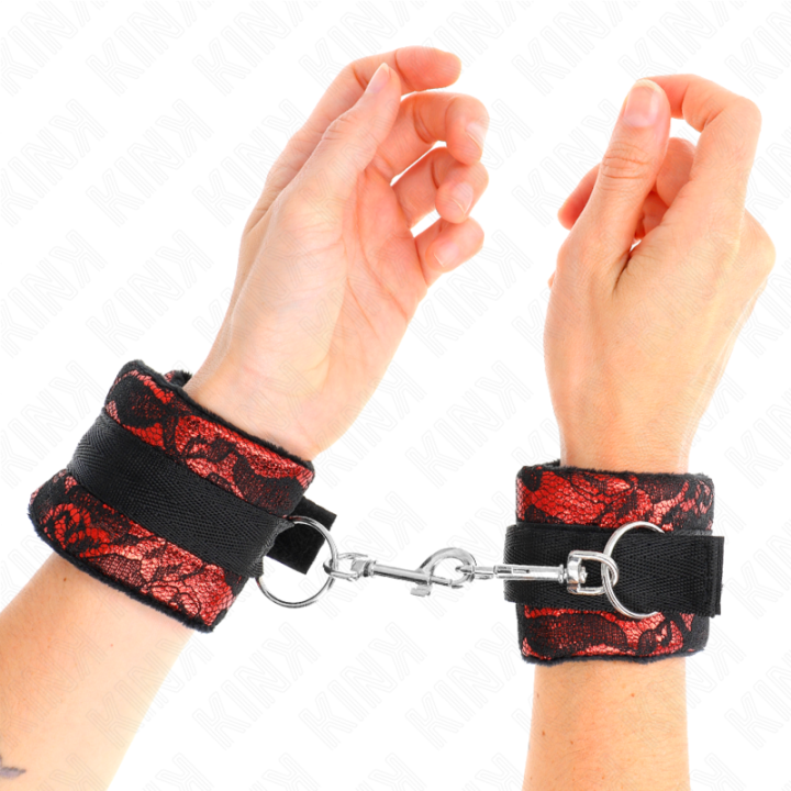 KINK - MUÑEQUERAS CORTAS DE ENCAJE TERCIOPELO Y UNIÓN DE NYLON ROJO/NEGRO 23 X 6.5 CM | VibraZon