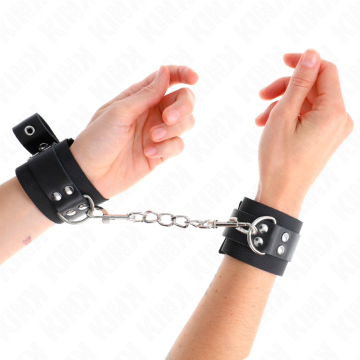 KINK - MUÑEQUERAS DE NYLON NEGRO CON CORREA CUERO NEGRO AJUSTABLE 19-29 CM X 5.1 CM | VibraZon