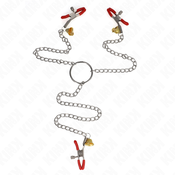 KINK - PINZAS PARA PEZONES Y CLÍTORIS ROJAS CON CASCABEL DORADO Y CADENA 30 CM | VibraZon