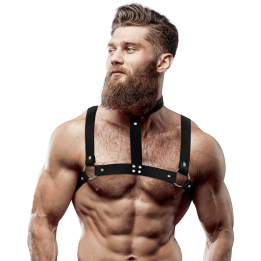 FETISH SUBMISSIVE ATTITUDE - ARNÉS AJUSTABLE ECOPIEL PECHO CON COLLAR HOMBRE | VibraZon