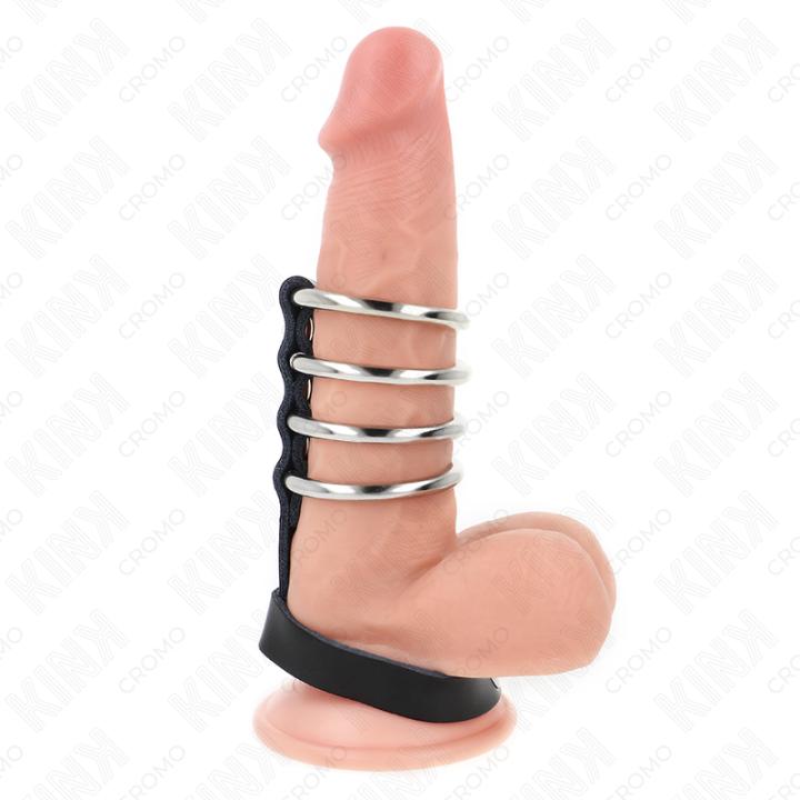 KINK - 4 ANILLOS PENE METAL 3.8 CM CONECTADOS CON CORREA DE CUERO 22 X 1.5 CM Y CIERRE A PRESIÓN | VibraZon