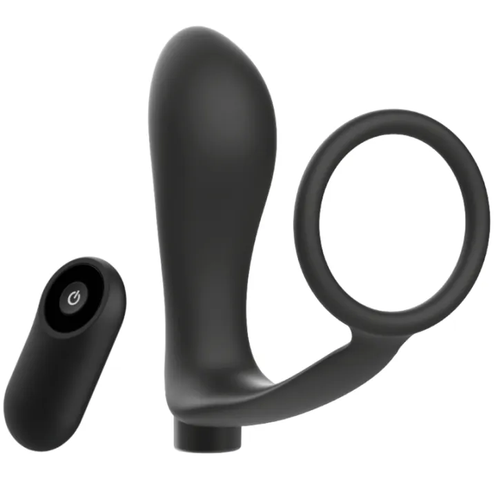 ADDICTED JUGUETES - ANILLA PENE CON PLUG ANAL CONTROL REMOTO NEGRO RECARGABLE